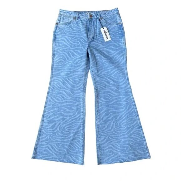 🌀 Wrangler Flare Jeans 31x30 | Zebra Print Raw Hem Y2K Retro Denim Vibes - Picture 2 of 9